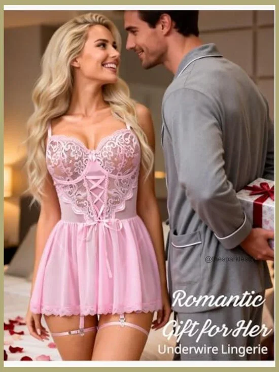 Lace Babydoll Chemise with Underwire Push Up Bra and Garter - Picture 4 of 7